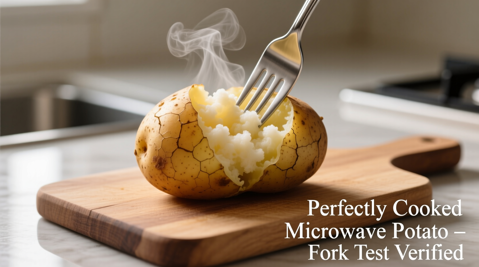 Perfectly cooked microwave potato with fork test