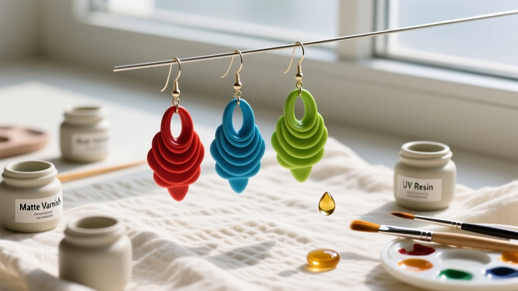 Overhead view of vibrant polymer clay dangle earrings on linen beside small jars of matte varnish and UV resin crafting supplies.