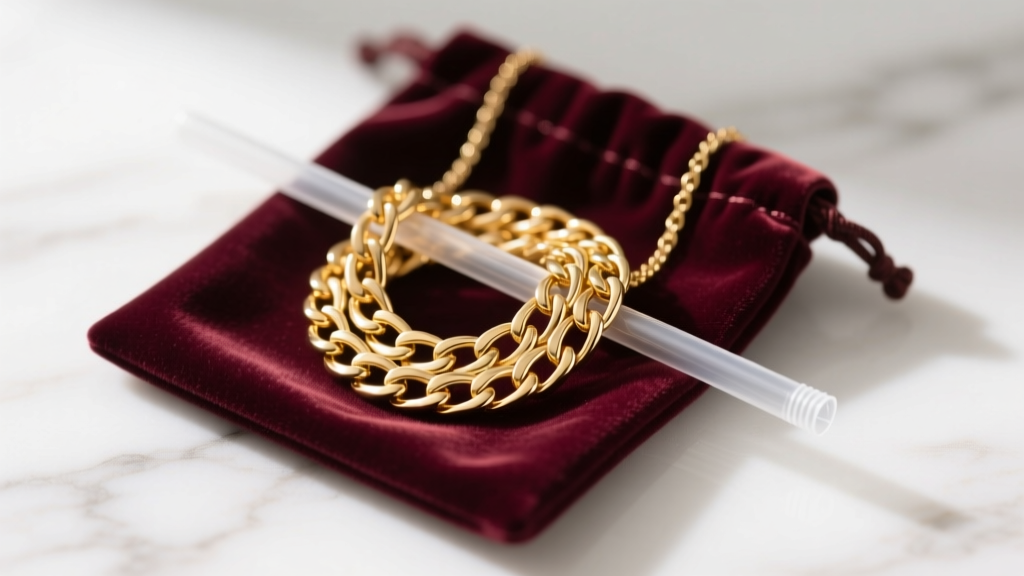 A neatly coiled gold box chain necklace threaded through a clear plastic drinking straw to prevent tangling, placed inside a velvet anti-tarnish pouch