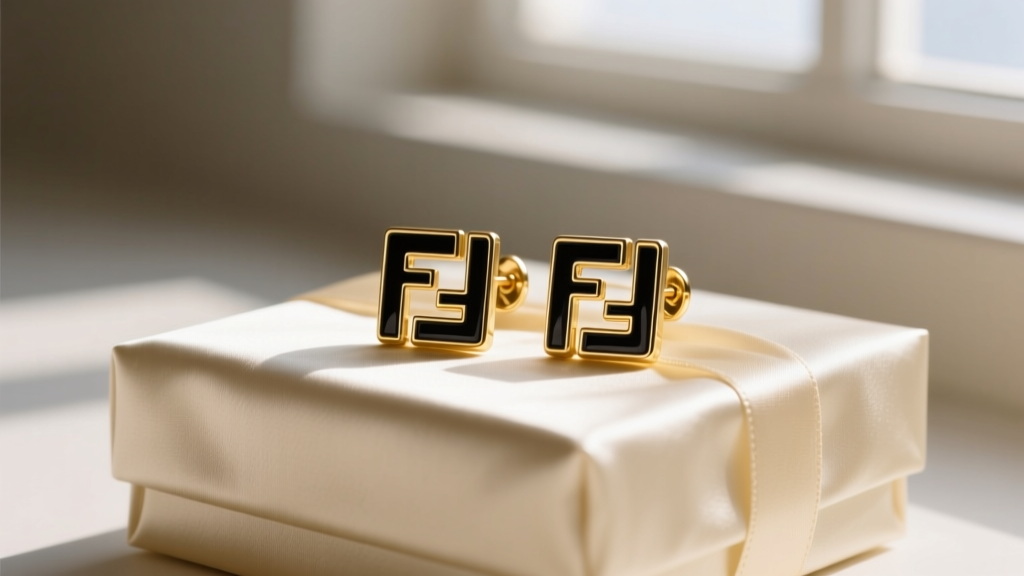 Elegant flat lay of 1980s gold-tone vintage Fendi earrings with black enamel FF logos resting on a cream silk gift box