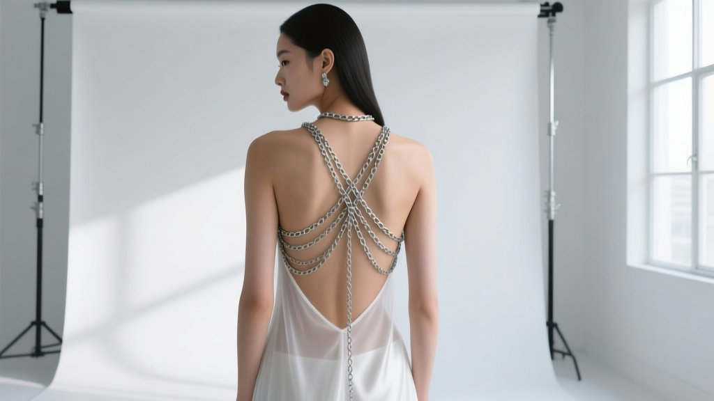 Fashion model wearing a delicate layered body chain over a white silk backless gown, highlighting crisscross metal on bare skin