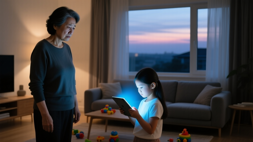 Frustrated parent looking at a child engrossed in a glowing tablet in a dimly lit living room, emphasizing the need for a digital detox.