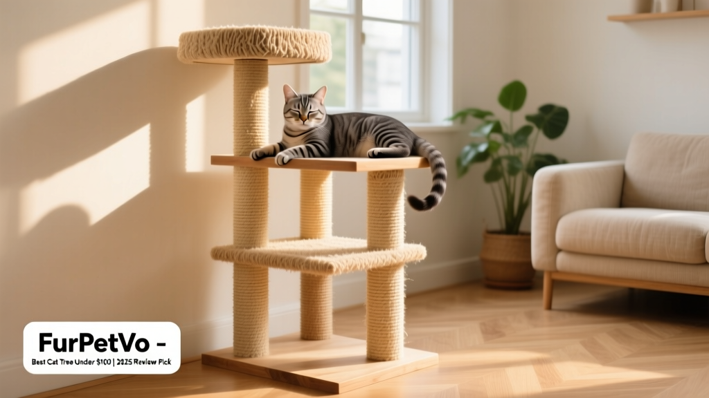 Three FurPetVo sisal posts arranged in a corner with a cat lounging on the highest perch