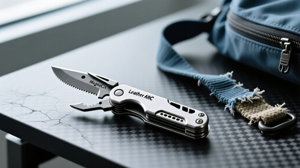 Open Leatherman ARC multitool highlighting the MagnaCut steel blade, resting on a scratched carbon-fiber desk next to a frayed nylon backpack strap.
