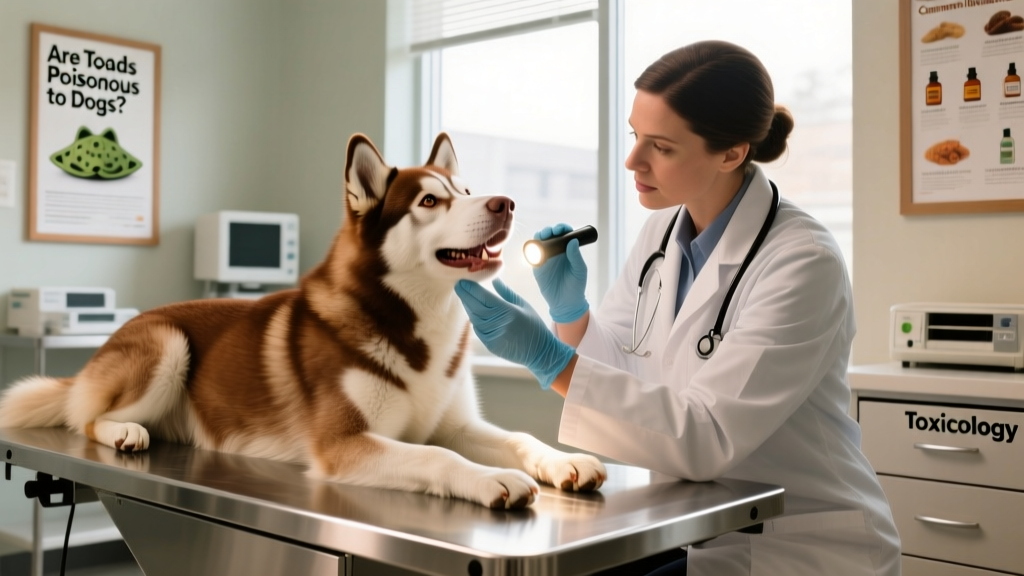a brown and white husky lying on a metal examination table while a vet examines them