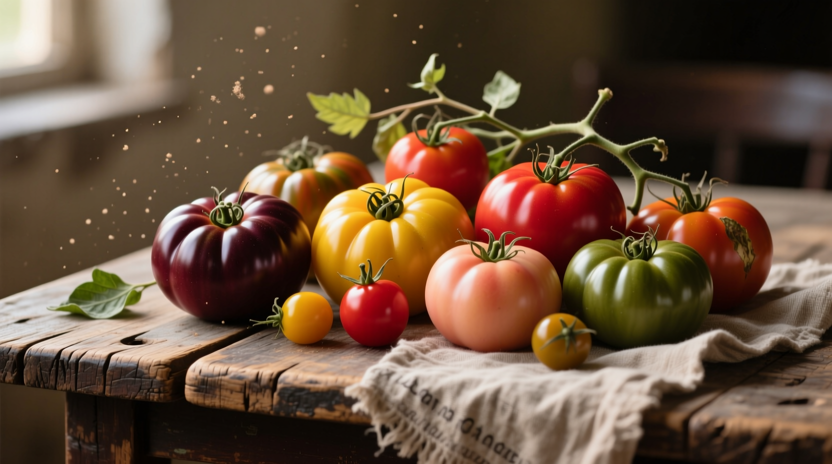 Assorted heirloom tomatoes in various colors on wooden table