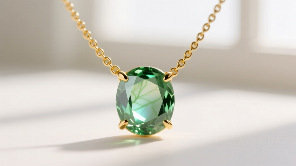 Macro shot of a 14k yellow gold prong-set chrome chalcedony necklace, highlighting the translucent, vivid natural green gemstone.