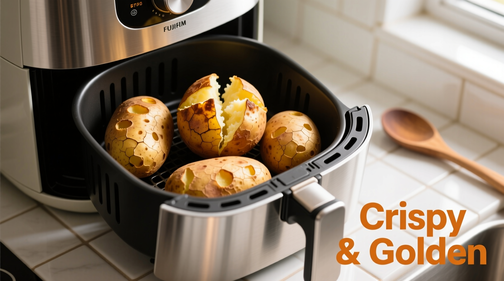 Golden brown baked potatoes in air fryer basket