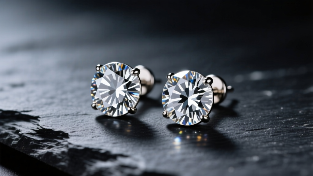 Macro photography of round brilliant diamond stud earrings on dark slate, reflecting soft studio lighting with sharp facet details