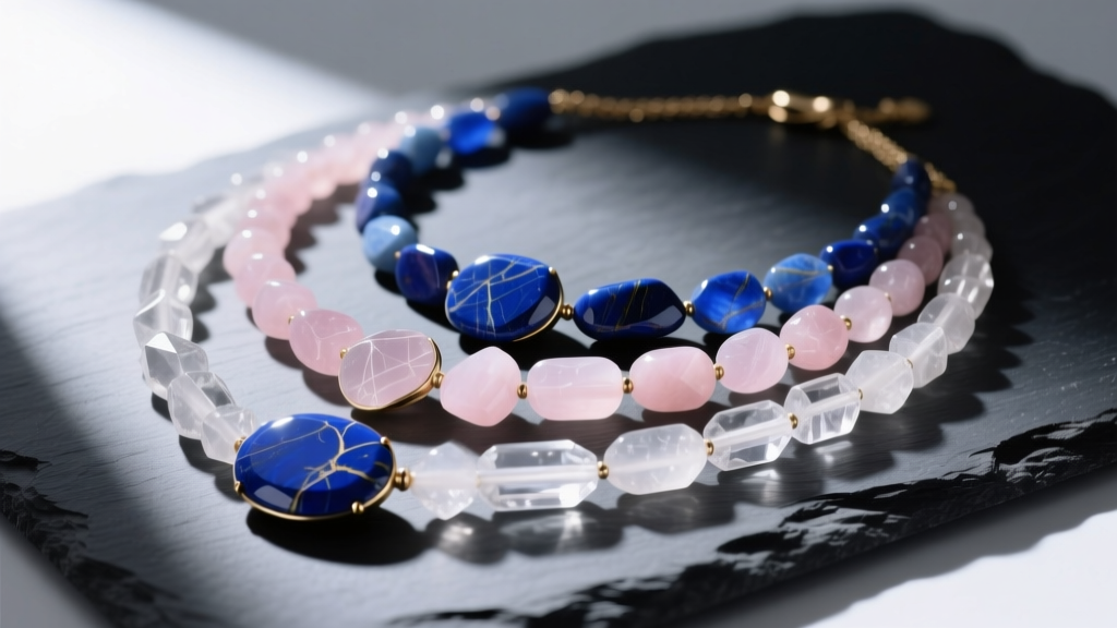 Layered polished rock necklaces in lapis, rose quartz, and clear quartz resting on dark slate under soft directional lighting