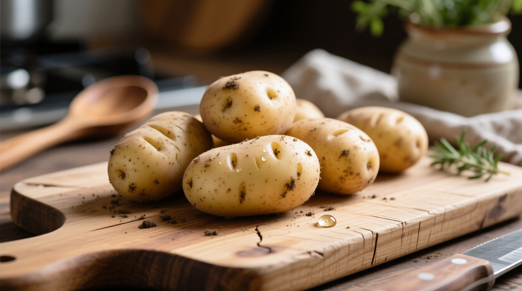 Fresh La Ratte potatoes on wooden cutting board