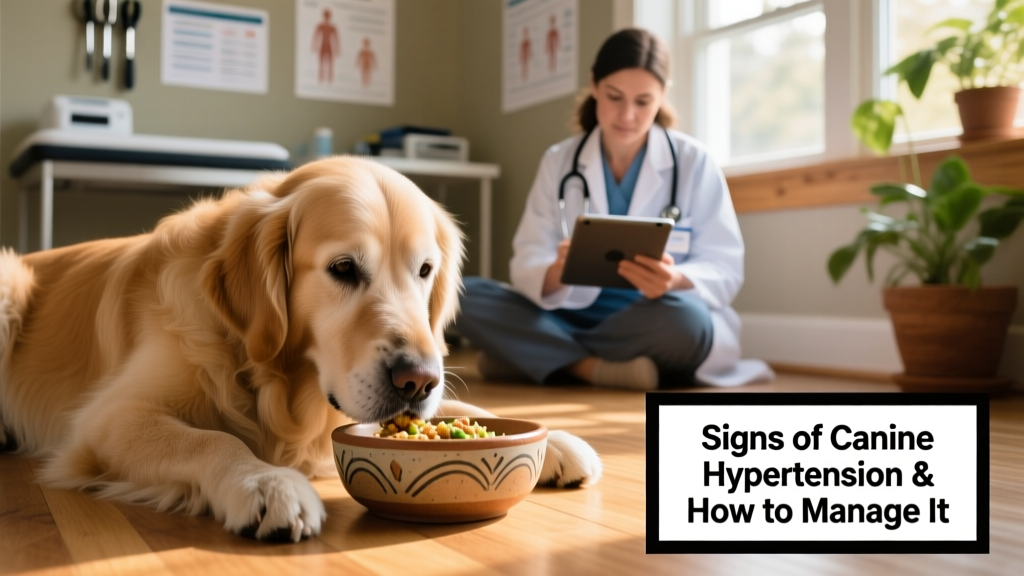 A senior dog enjoying a nutritious meal from a ceramic bowl, with a veterinarian reviewing health records nearby