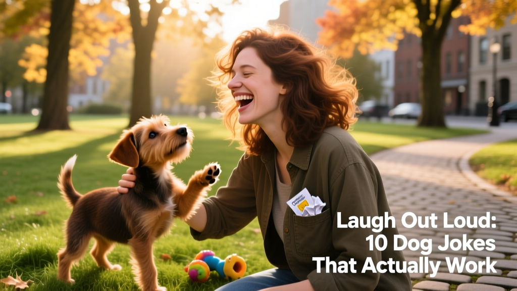 A woman laughing while stroking a small brown dog in a sunlit park