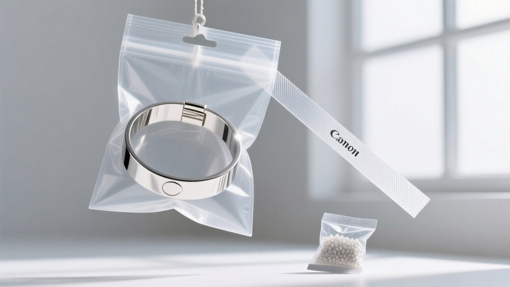 A clear polyethylene bag holding a silver fashion cuff bracelet, an anti-tarnish strip, and a small silica gel desiccant packet.
