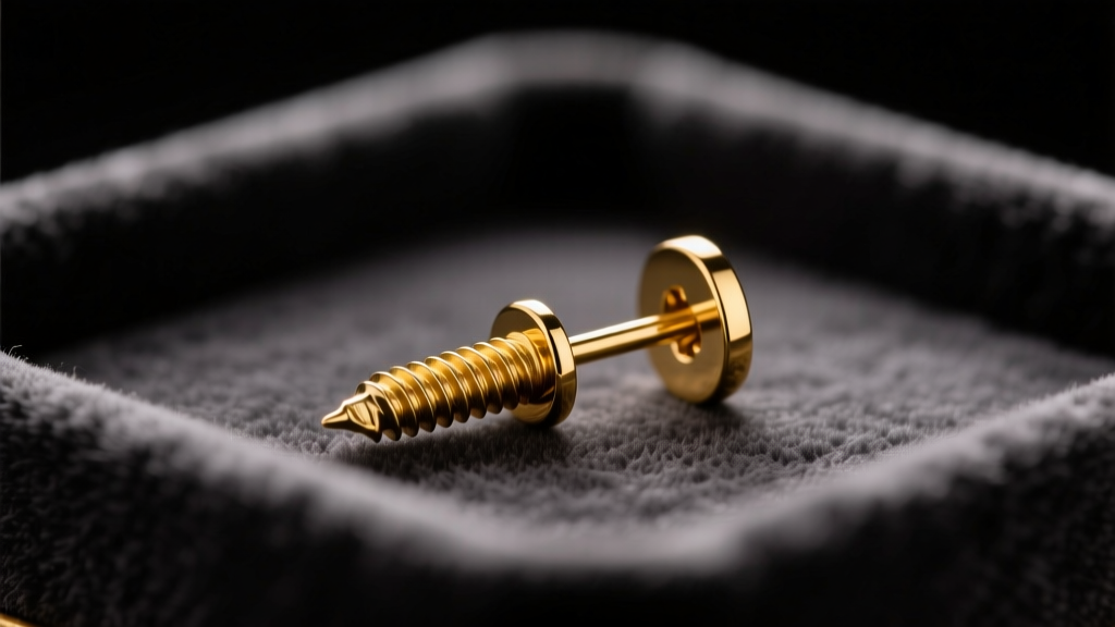 Macro shot of a 14k gold flat-back earring post with a threaded screw end resting on a dark velvet tray under warm studio lighting.
