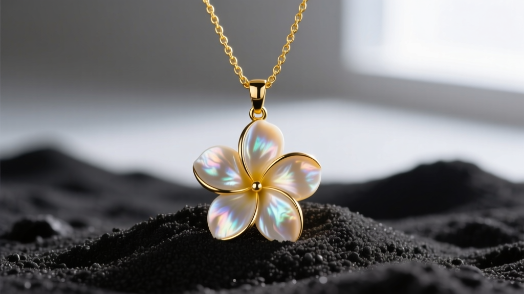 Close-up of a hand-carved Mother of Pearl plumeria flower pendant on a 14k yellow gold box chain, resting on dark volcanic sand