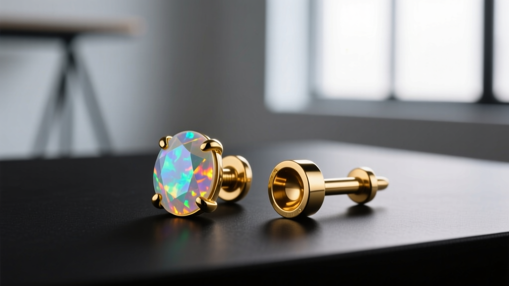 Curated display of handcrafted body jewelry including an opal cluster threadless end and a 14k gold PVD septum clicker