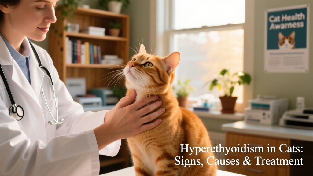 Veterinarian gently palpating a cat’s neck to check thyroid glands