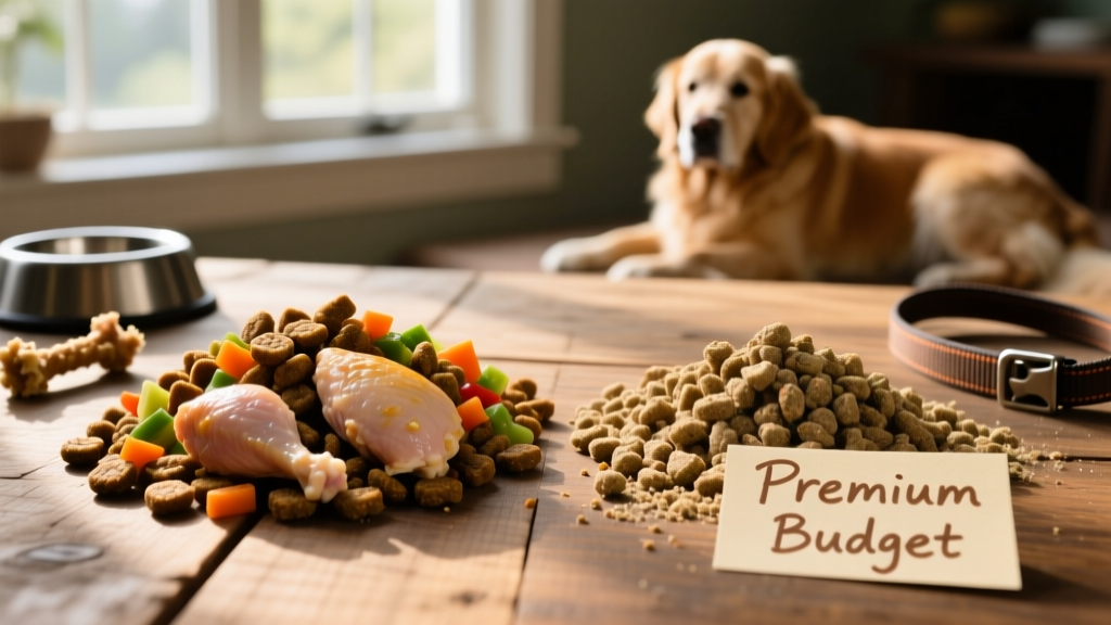Side-by-side comparison of high-quality kibble versus low-quality kibble with visible ingredient differences
