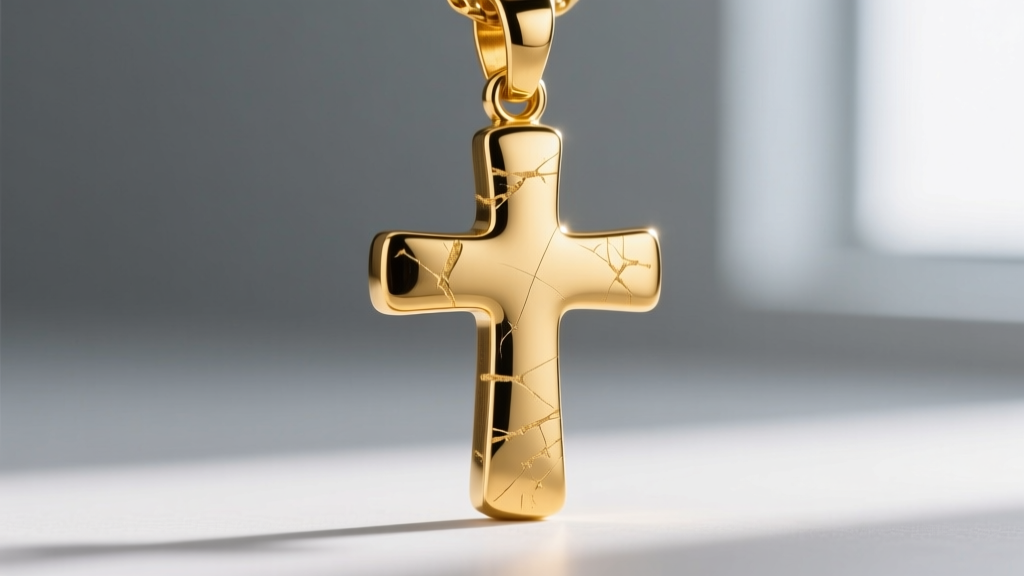 Macro shot of a 24k gold cross pendant bail showing scratches, illustrating pure gold's softness against a blurred dark background