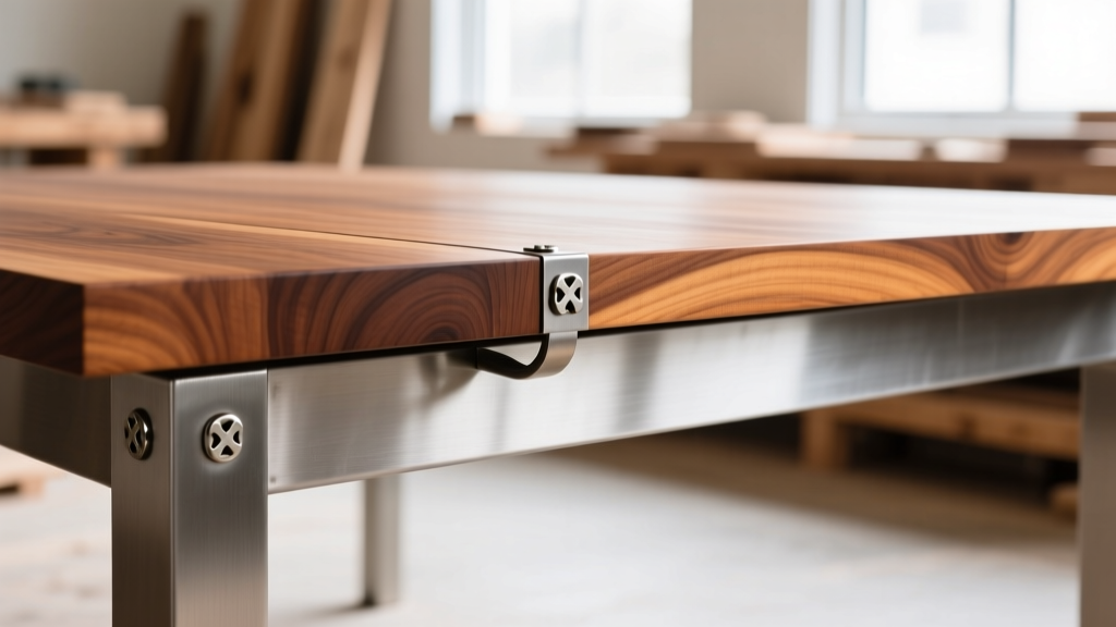 Close-up of a thick hard maple dining table top being secured to a steel apron frame with figure-8 fasteners in a well-lit woodshop