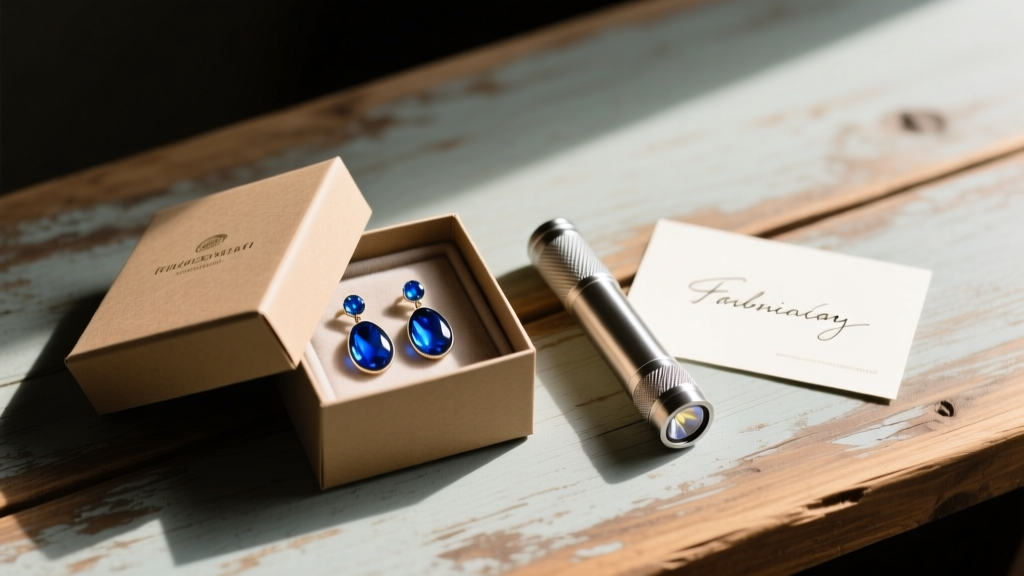 Flat lay gift box containing Dominican blue amber earrings, a UV flashlight, and a handwritten card on a rustic wood desk surface