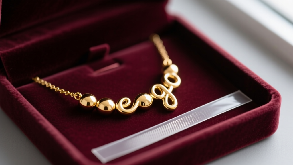 Gold bubble letter necklace stored flat in a velvet box next to an anti-tarnish strip, preventing oxidation and physical dents.