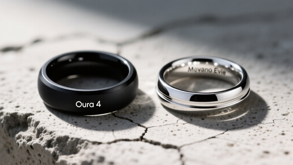 Side-by-side macro comparison of the Oura Ring 4 in stealth black and the open-gap silver Movano Evie Ring on a textured concrete surface.