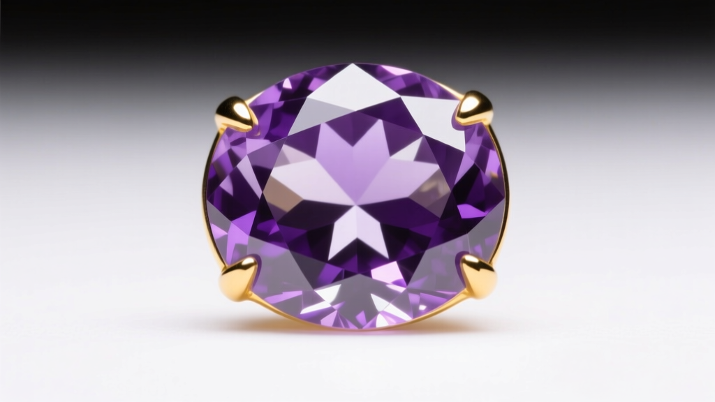 Macro shot of faceted purple amethyst in an 18k yellow gold bezel showing internal color zoning and bright studio light reflection