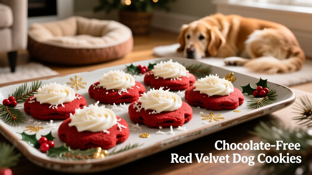 Finished red velvet dog cookies decorated with white cream cheese icing and shredded coconut, arranged on a festive holiday-themed serving tray