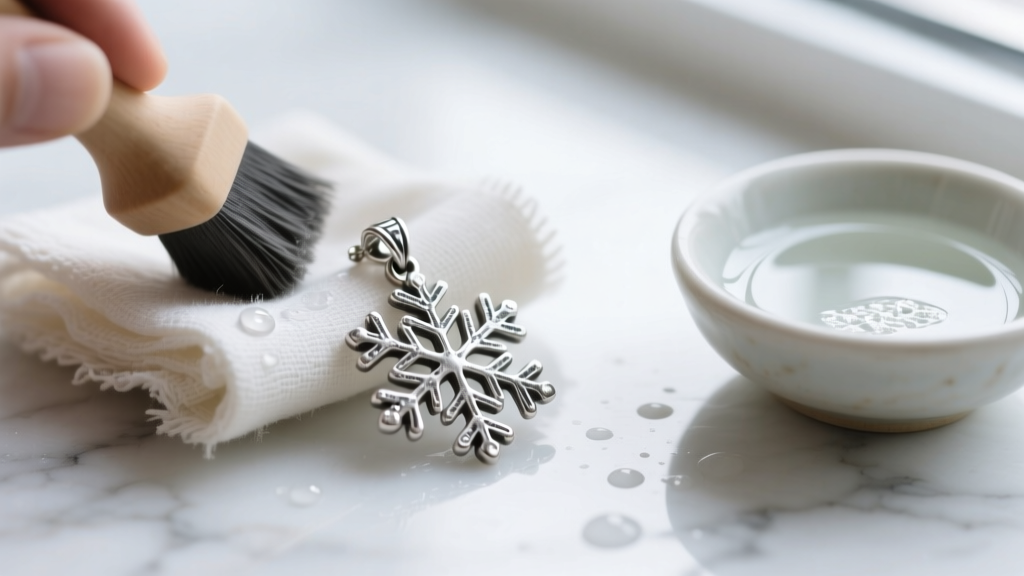 Polishing cloth gently buffing a tarnished silver snowflake pendant on white marble next to a small bowl of mild soapy water.