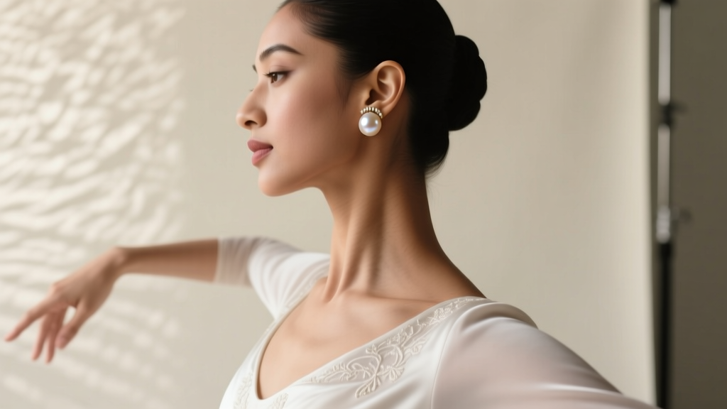 Classical dancer showcasing a perfectly sized 10mm pearl bugadi earring resting flat and secure against her upper ear helix.