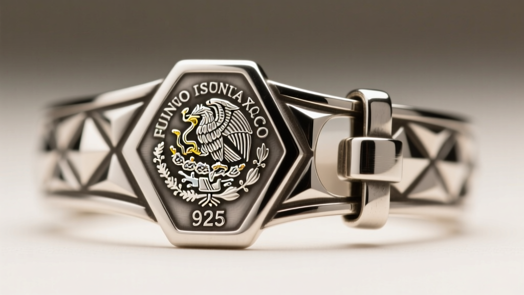 Macro shot of a Taxco silver clasp showing the stamped Mexican eagle hallmark and 925 purity mark under bright studio lighting.