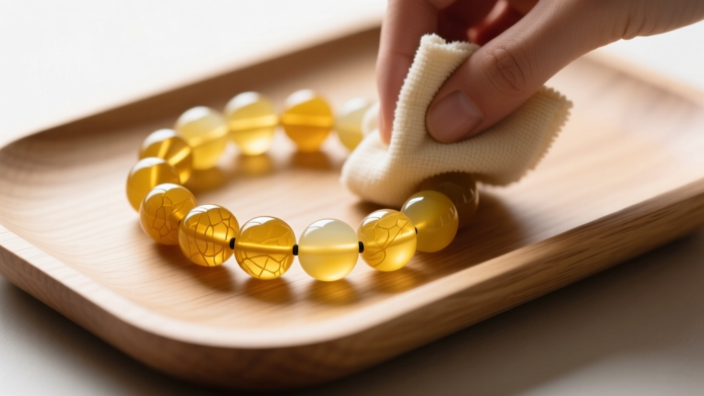 Yellow jade bead bracelet gently wiped with a microfiber cloth over a wooden tray, highlighting the translucent honey-colored beads