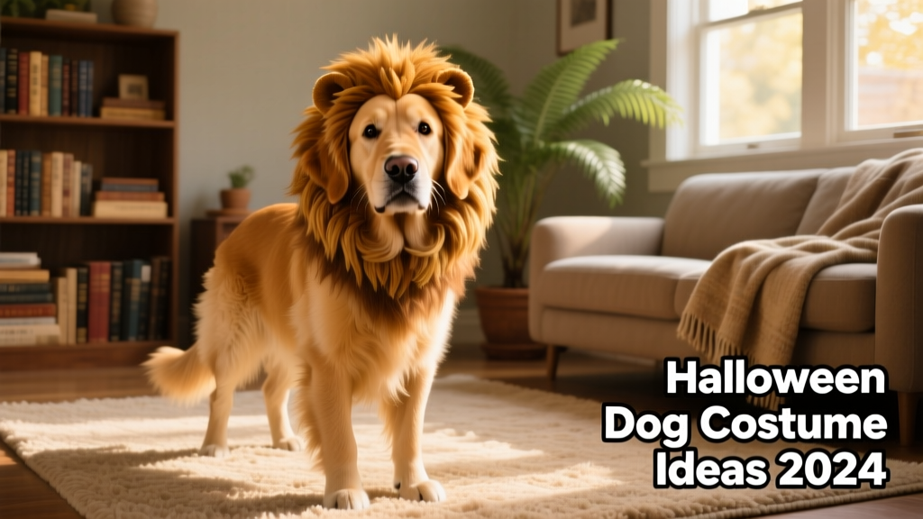 A golden retriever wearing a fluffy lion mane costume, posing confidently on a living room rug