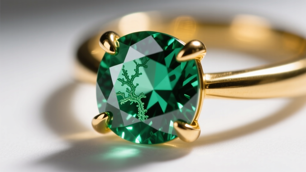 Macro shot of 14k gold prongs securing a faceted emerald, revealing natural jardin inclusions under a 10x jeweler