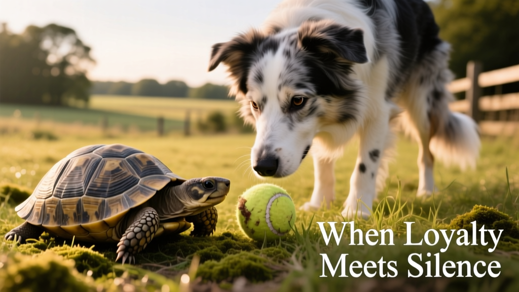 Senior Border Collie dropping a tennis ball in front of a calm gopher tortoise resting on grass