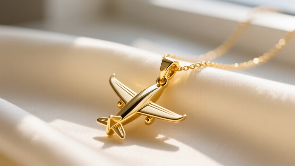 Close-up of a polished 14k yellow gold airplane pendant necklace resting on a soft cream silk fabric with warm sunlight.