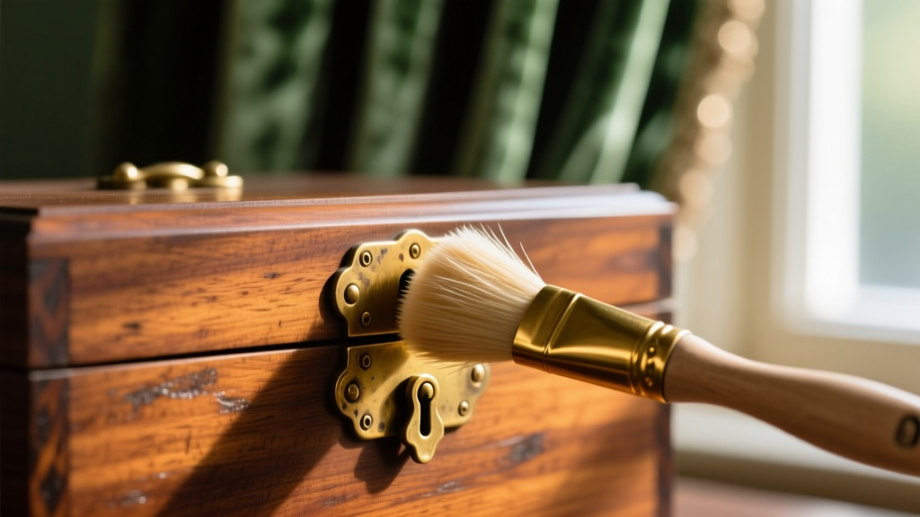 Close-up of soft brush gently dusting brass hinges and latch of an antique cedar jewelry box against a softly blurred backdrop.