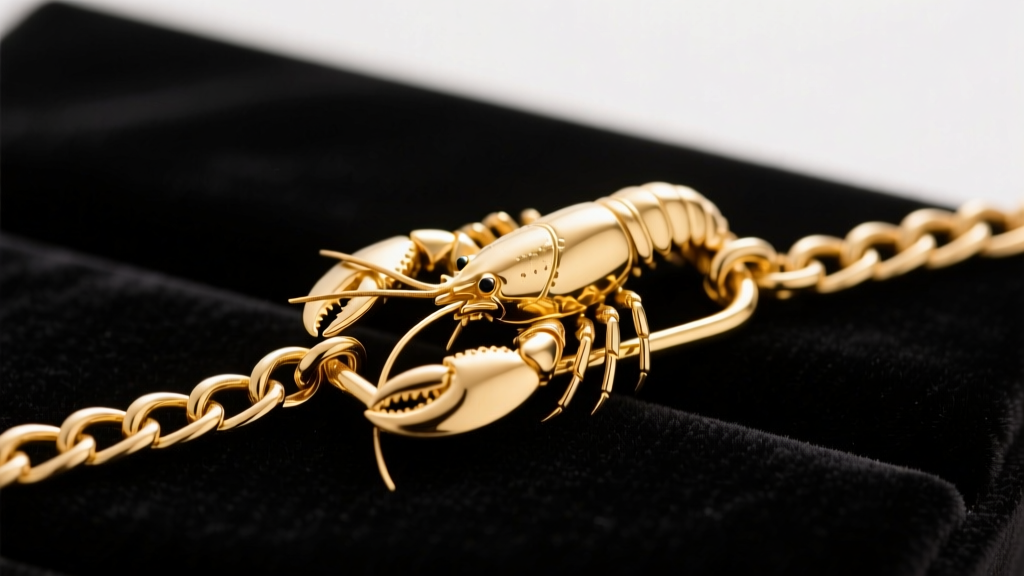 Macro shot of a gold lobster clasp on a two-inch extender chain, showing intricate links and polished finish on dark velvet.