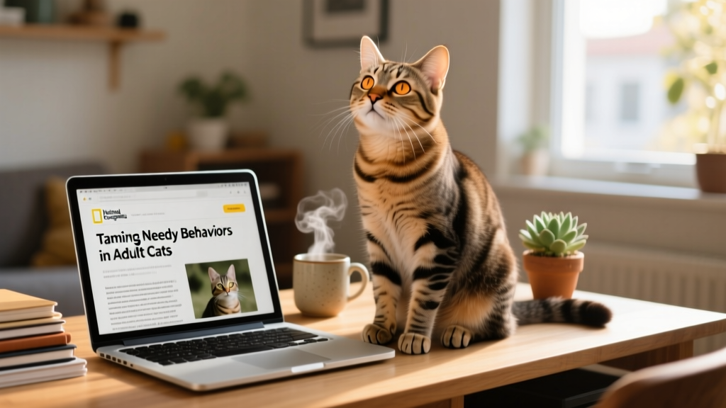 Adult tabby cat sitting attentively beside a laptop on a desk, looking up at the owner
