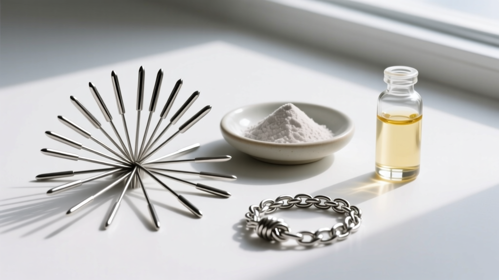 Flat lay of steel sewing needles, a ceramic dish of talc-free powder, and mineral oil next to a knotted sterling silver chain.