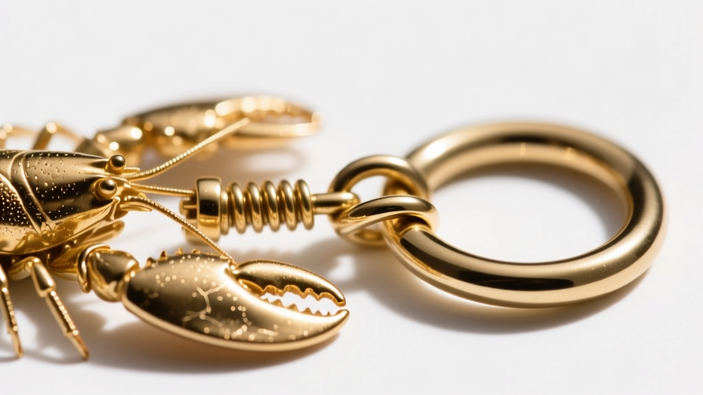 Macro view of the necklace lobster clasp and jump ring, showing gold plating texture and spring tension of the lever.