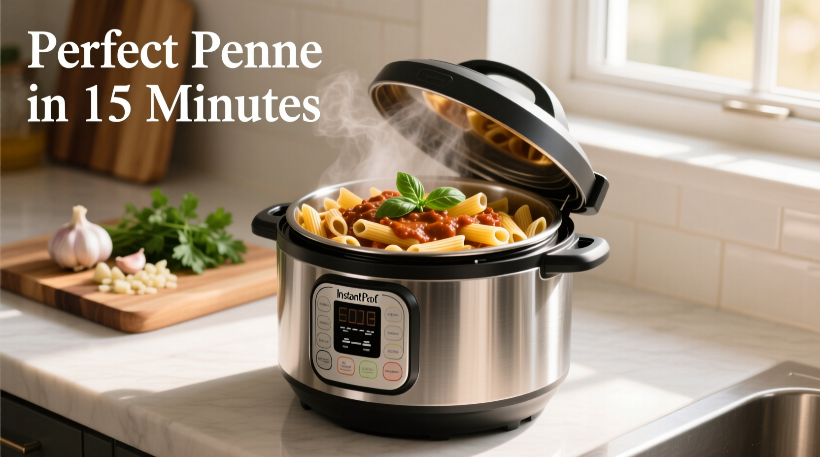 Instant Pot with perfectly cooked penne pasta
