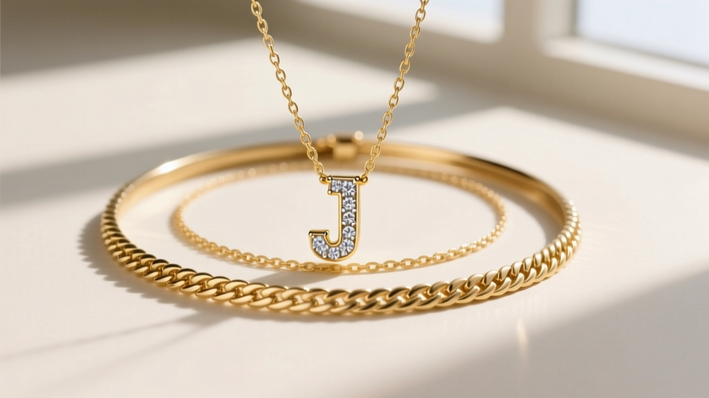 Flat lay of a layered necklace stack featuring a diamond J initial pendant on a 16-inch chain with a gold herringbone choker