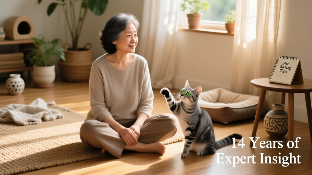 Gentle sitter sitting cross-legged on floor with a curious gray cat resting nearby