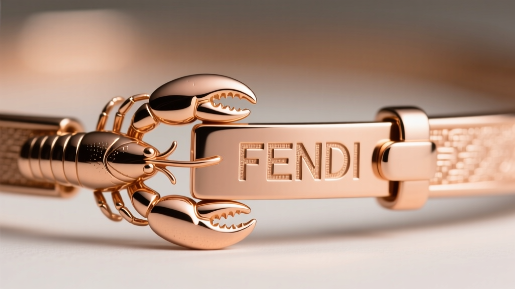Extreme close-up of a Fendi fine jewelry lobster clasp in 18k rose gold showing micro-engraved brand name on the flat lever side.