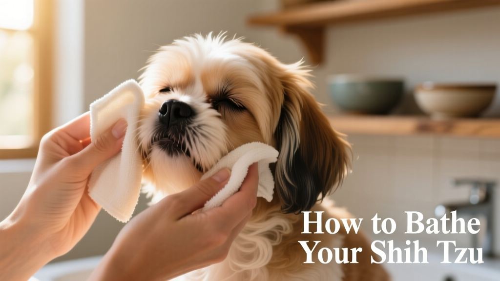 Close-up of hands using a soft washcloth to gently clean a Shih Tzu's face and eye area