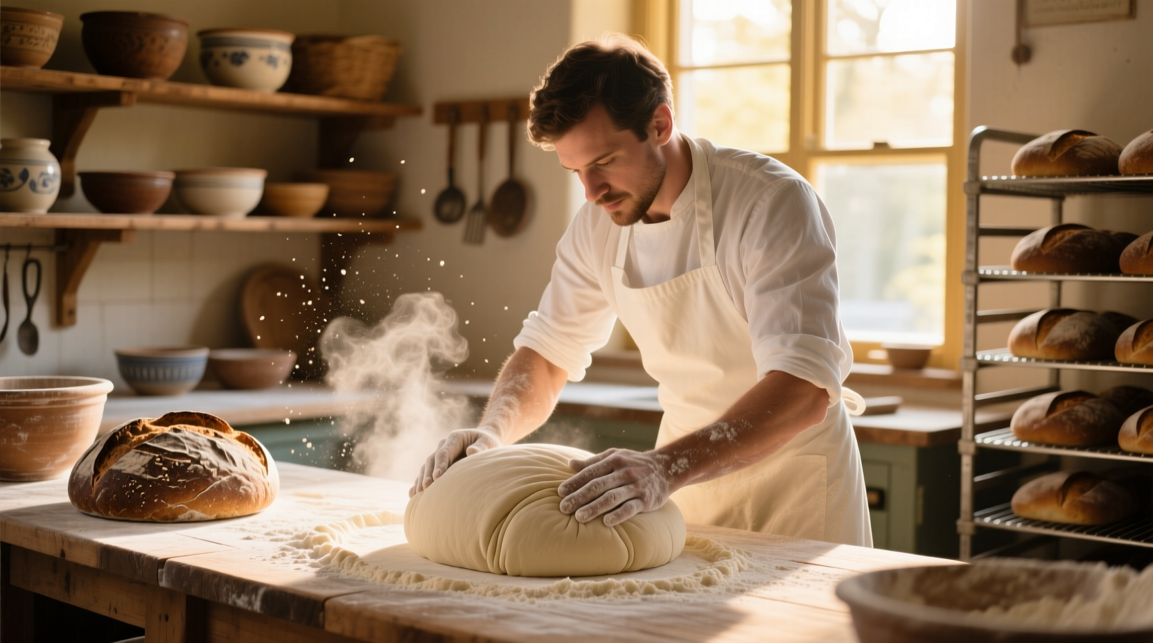 Professional baker shaping rye bread dough