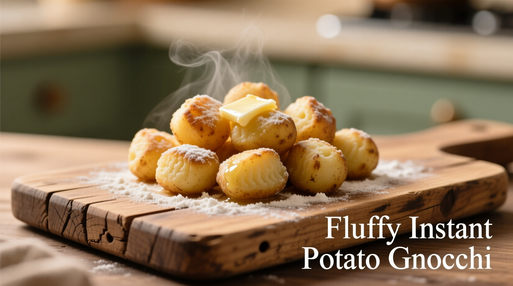 Fluffy instant potato gnocchi on wooden board
